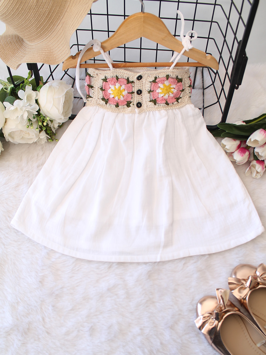 Cotton Floral Crochet Yoke Detailed Frock - White