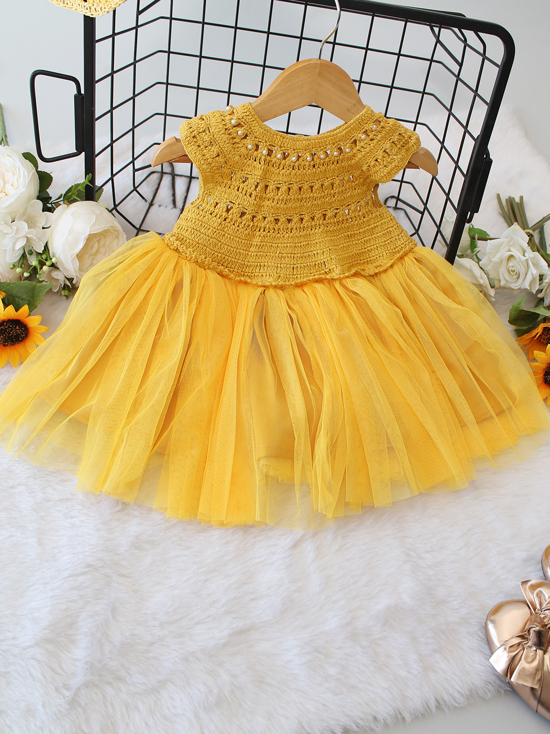 Crochet Yoke Detailed Party Frock -Yellow