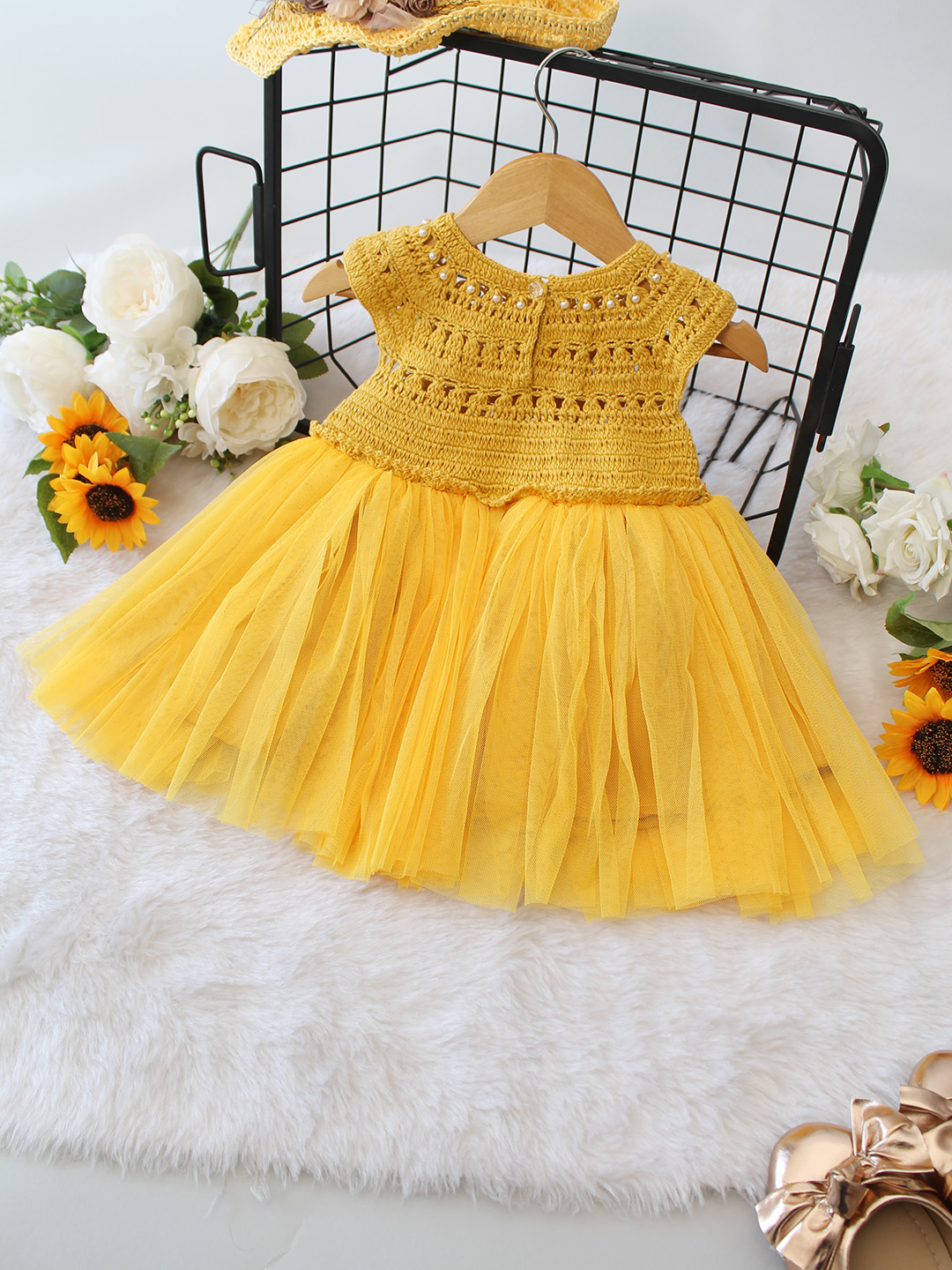 Crochet Yoke Detailed Party Frock -Yellow