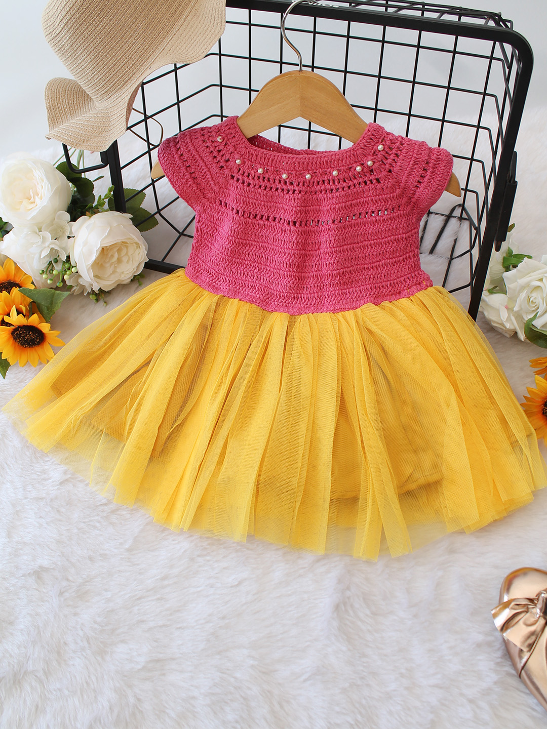 Crochet Yoke Detailed Party Frock - Pink