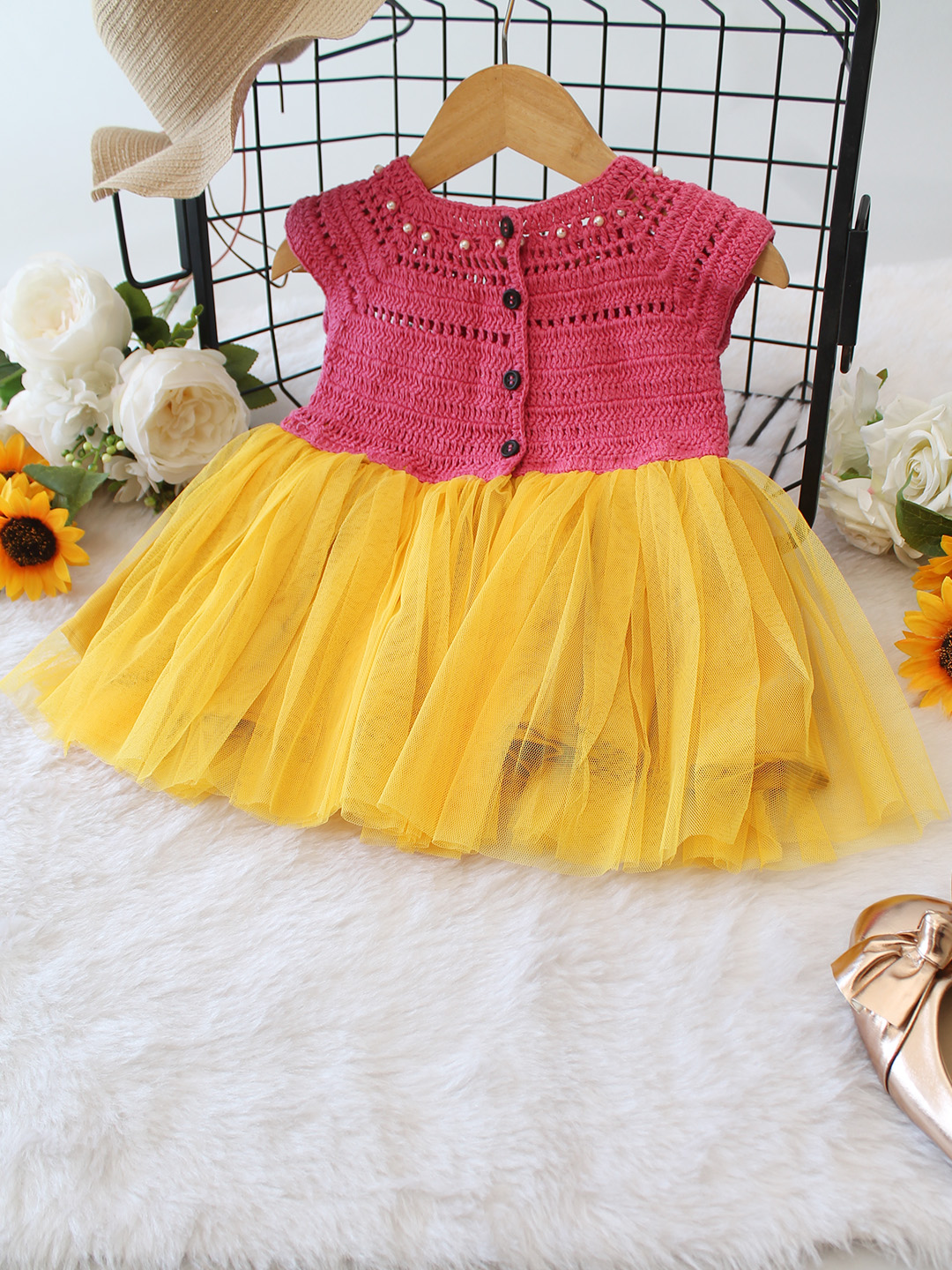 Crochet Yoke Detailed Party Frock - Pink