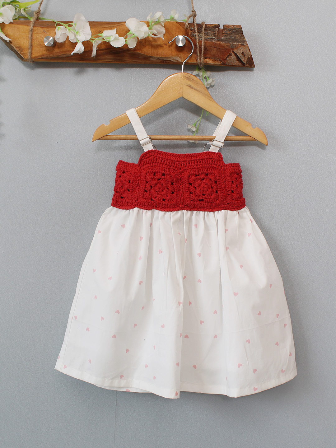 Heart Printed Crochet Yoke Frock -White