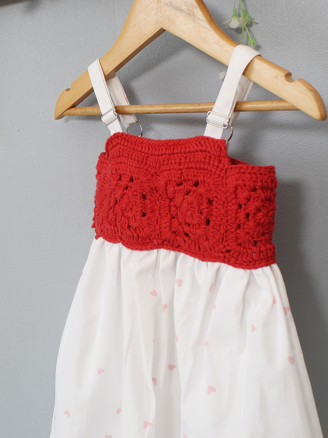 Heart Printed Crochet Yoke Frock -White