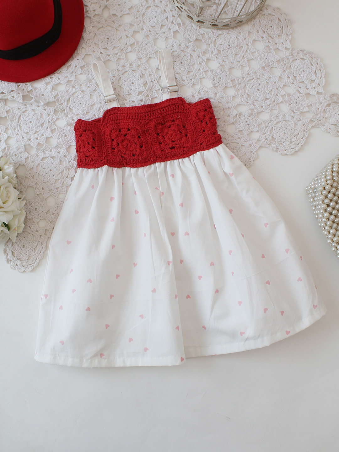 Heart Printed Crochet Yoke Frock -White
