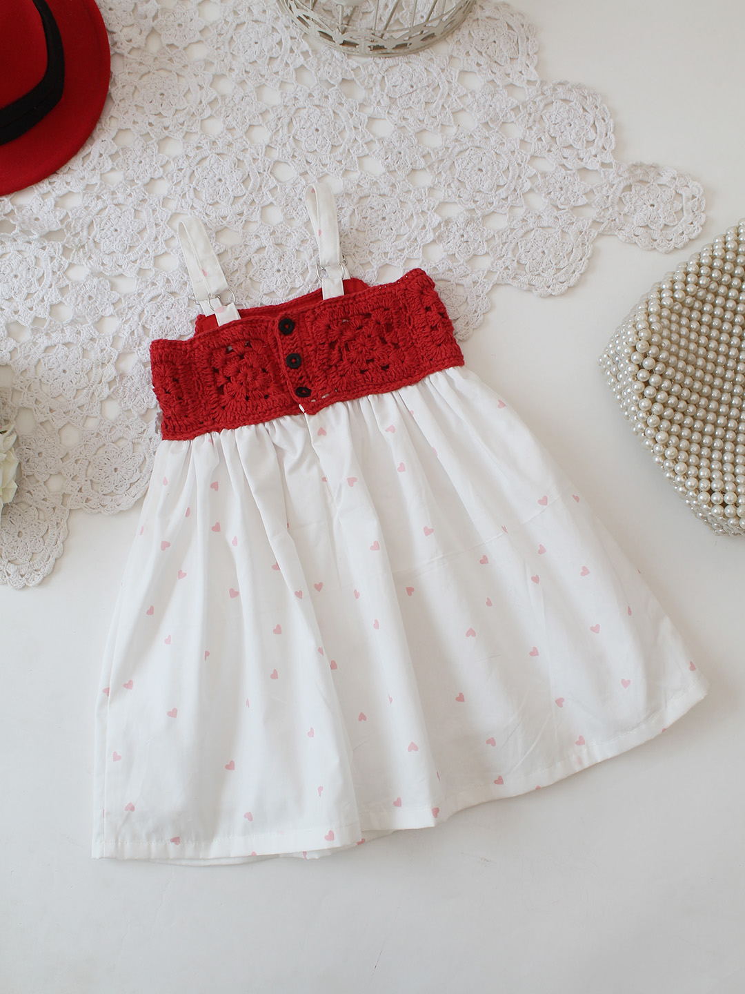 Heart Printed Crochet Yoke Frock -White
