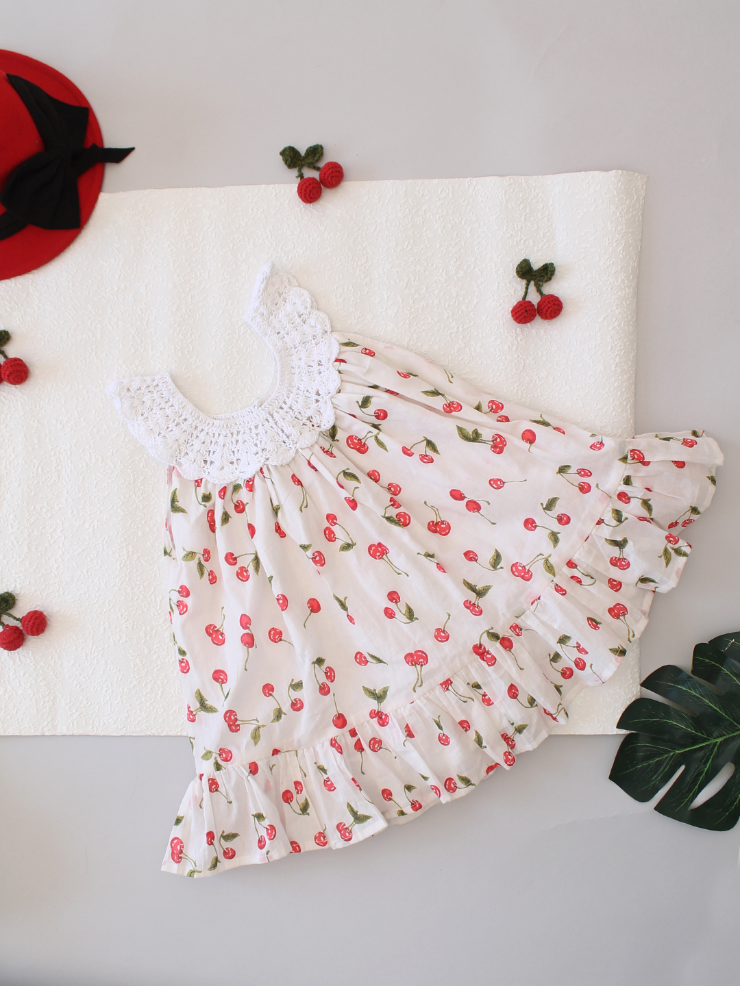 Cherry Printed Crochet Neck Detailed Frock - White
