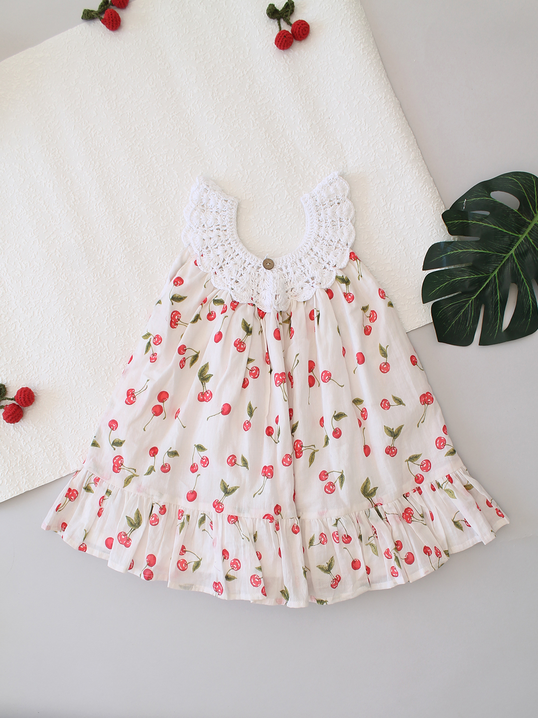 Cherry Printed Crochet Neck Detailed Frock - White