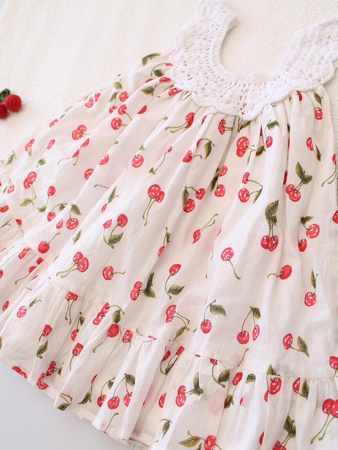 Cherry Printed Crochet Neck Detailed Frock - White