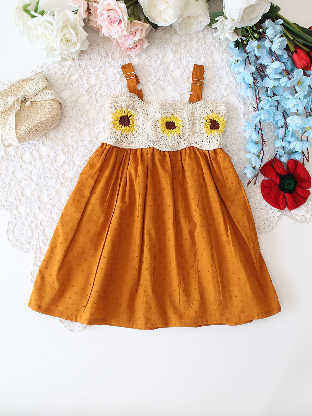Cotton Sleeveless Crochet Yoke Sunflower Summer Dress