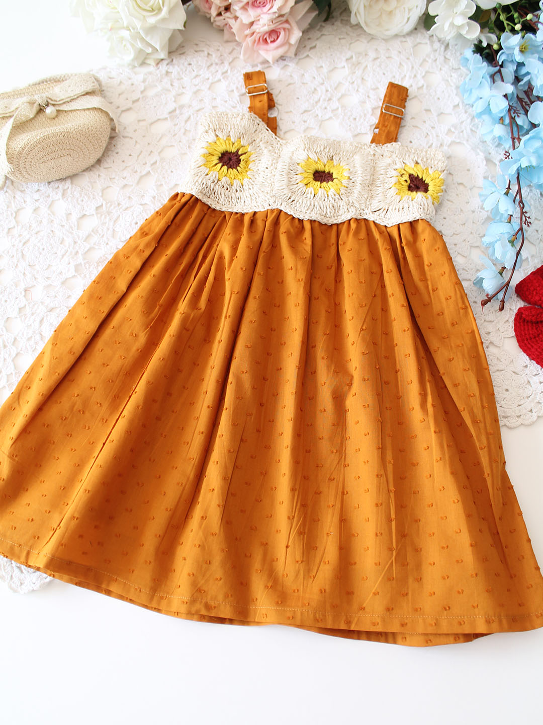 Cotton Sleeveless Crochet Yoke Sunflower Summer Dress