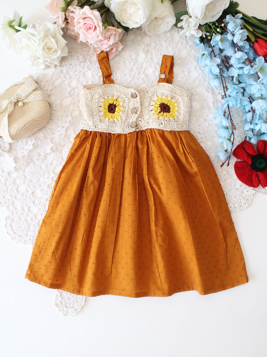 Cotton Sleeveless Crochet Yoke Sunflower Summer Dress