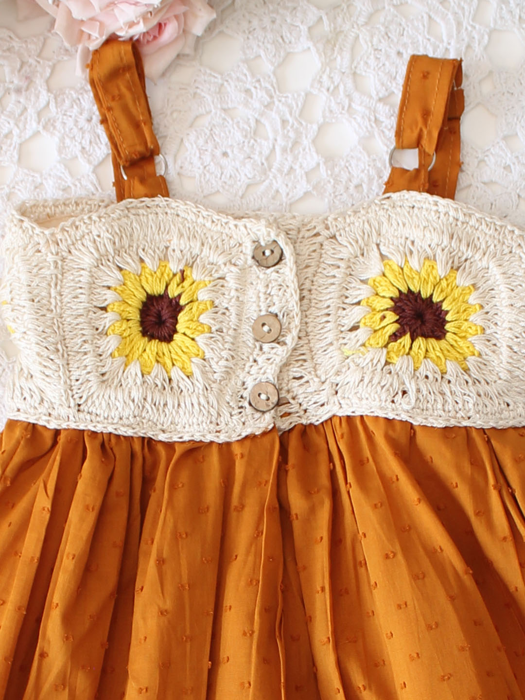 Cotton Sleeveless Crochet Yoke Sunflower Summer Dress