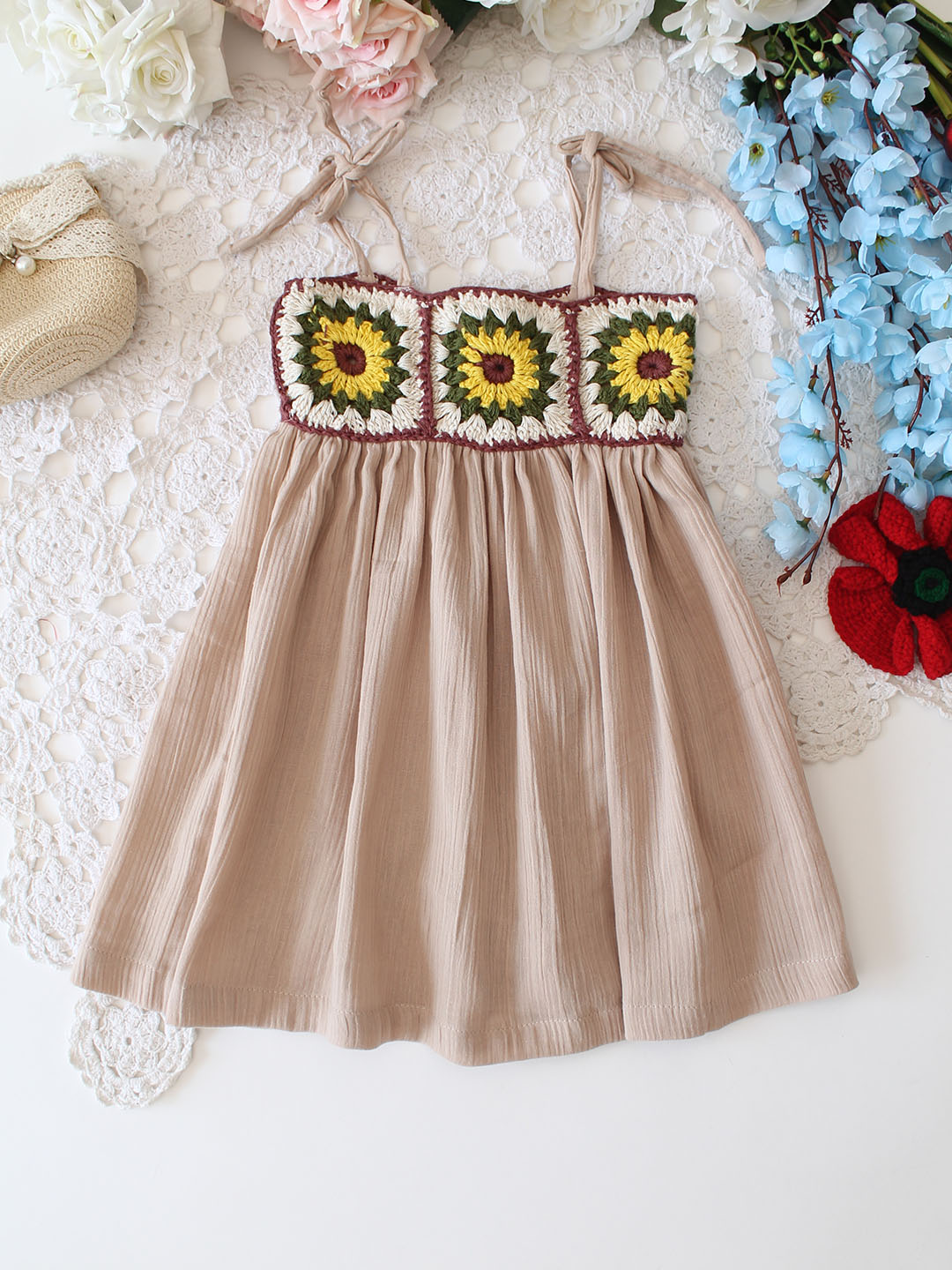 Woonie Cotton Sleeveless Floral Crochet Summer Dress