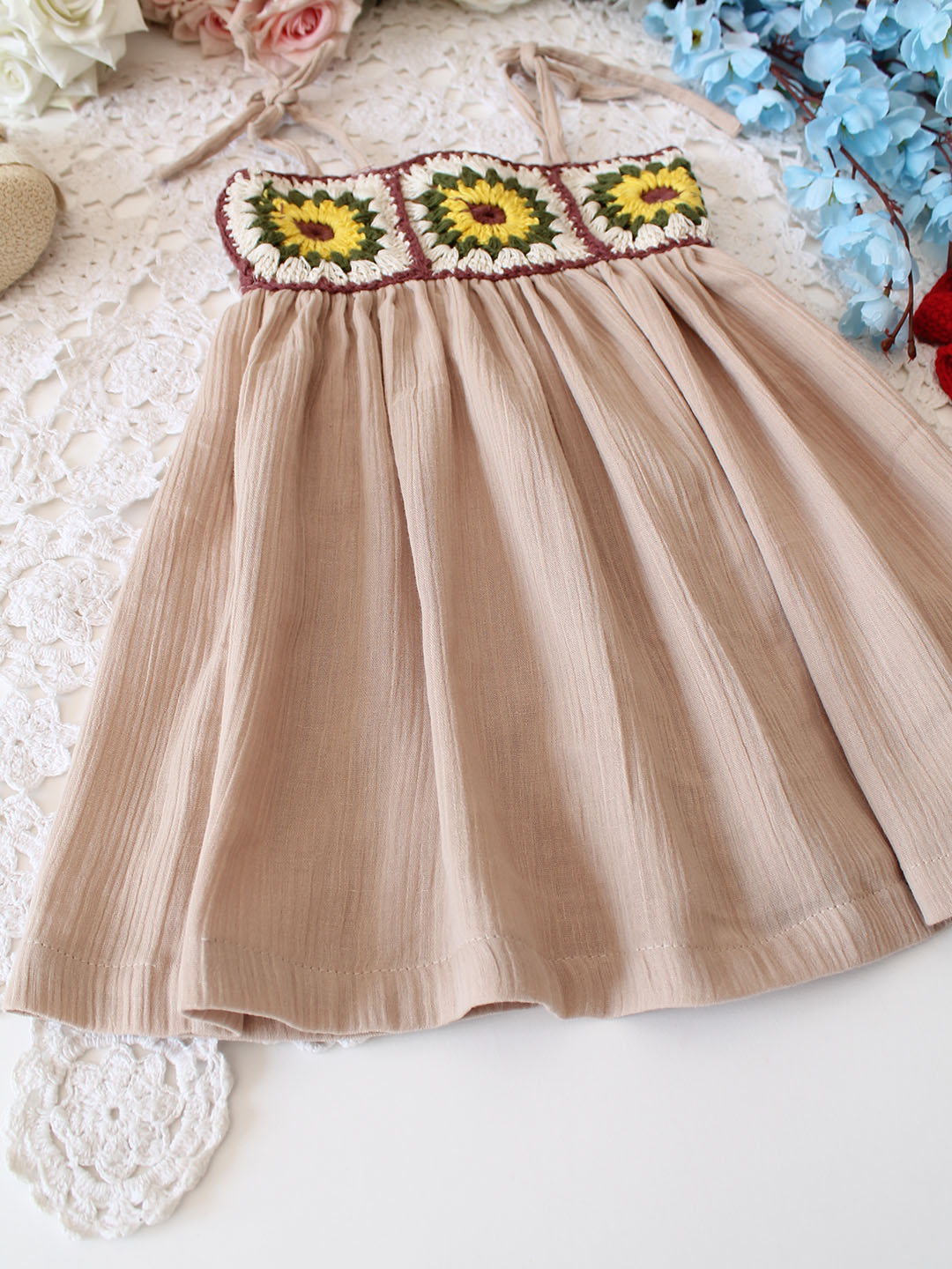 Woonie Cotton Sleeveless Floral Crochet Summer Dress
