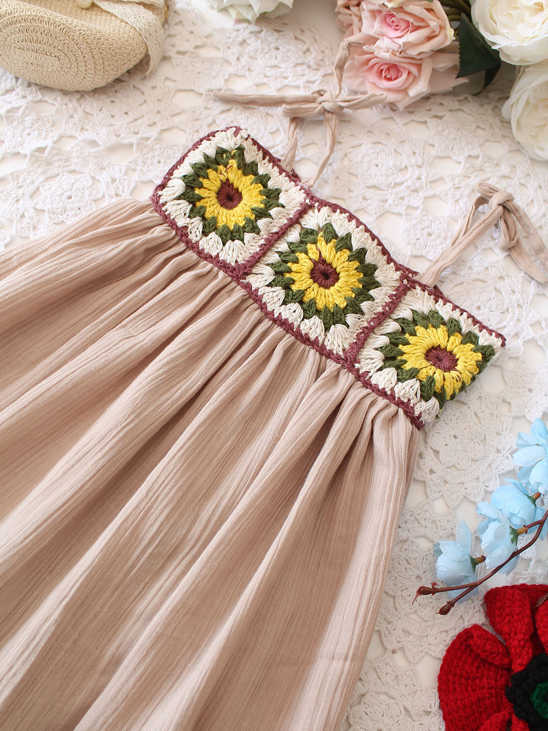Woonie Cotton Sleeveless Floral Crochet Summer Dress