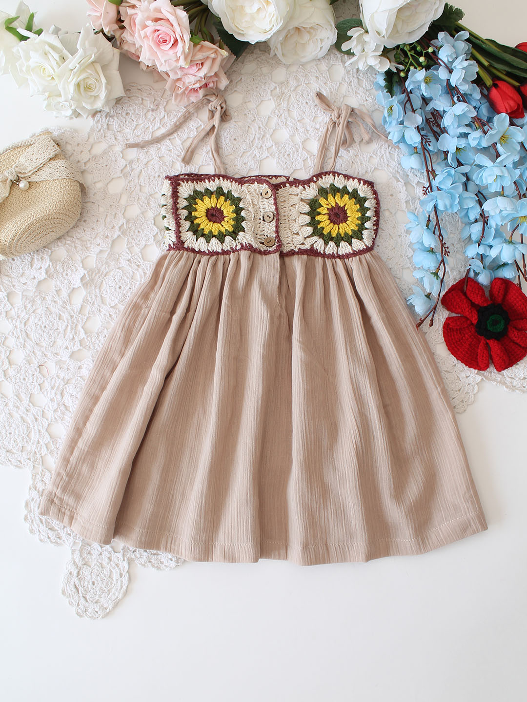 Woonie Cotton Sleeveless Floral Crochet Summer Dress