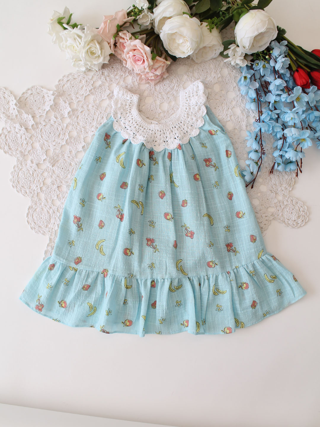 Woonie Cotton Sleeveless Printed Crochet Summer Dress