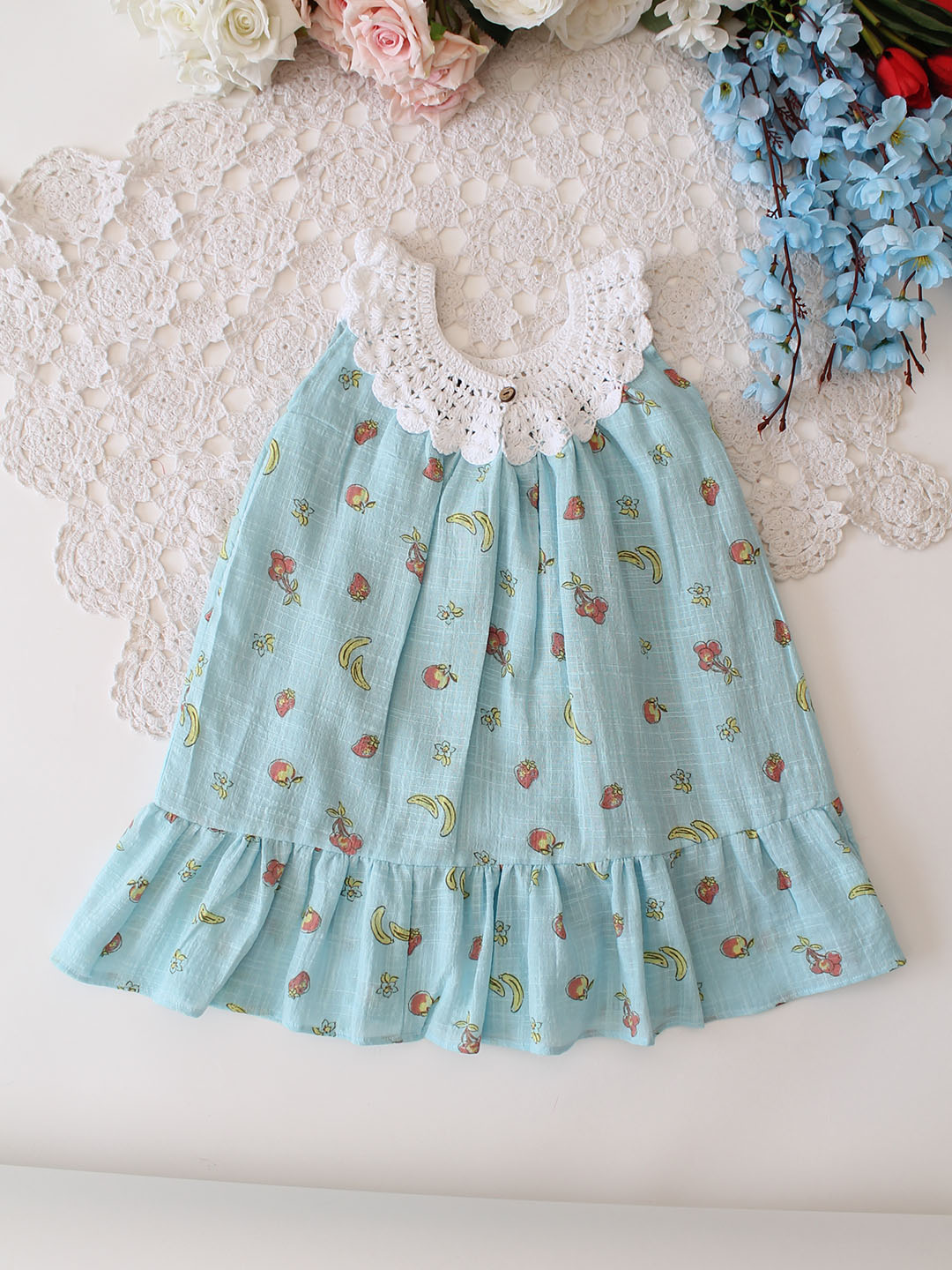 Woonie Cotton Sleeveless Printed Crochet Summer Dress