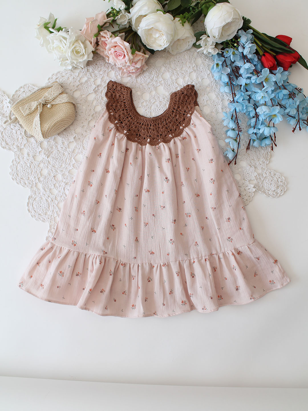 Woonie Cotton Sleeveless Printed Crochet Summer Dress - Beige