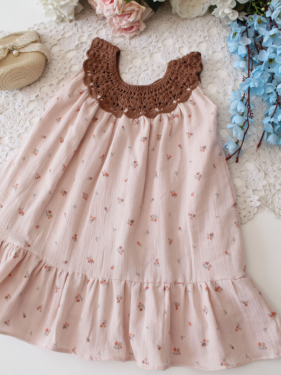 Woonie Cotton Sleeveless Printed Crochet Summer Dress - Beige