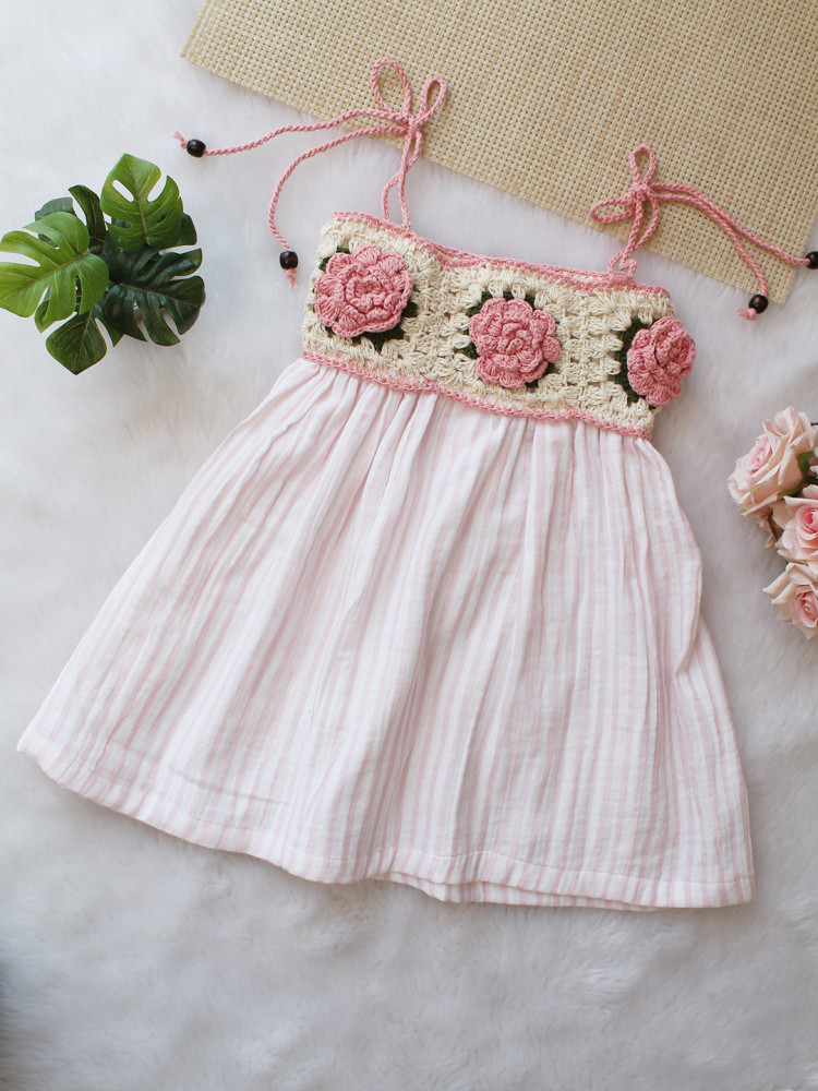 Image of Crochet Woven Rose Striped Summer Dress - Pink