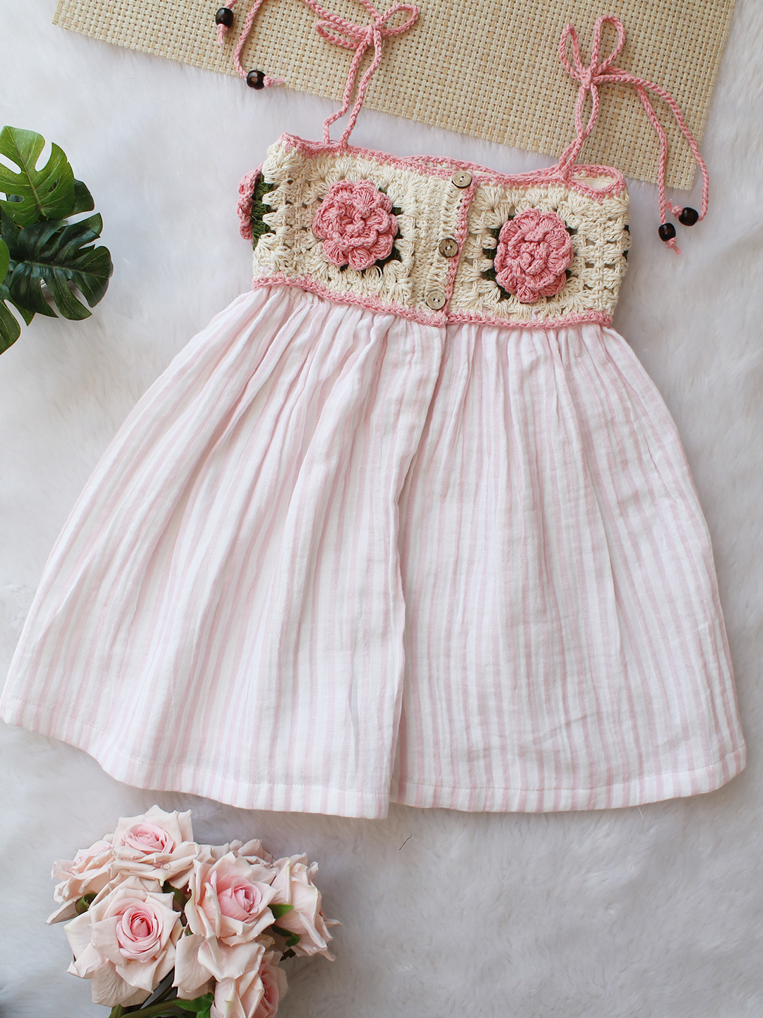 Crochet Woven Rose Striped Summer Dress - Pink