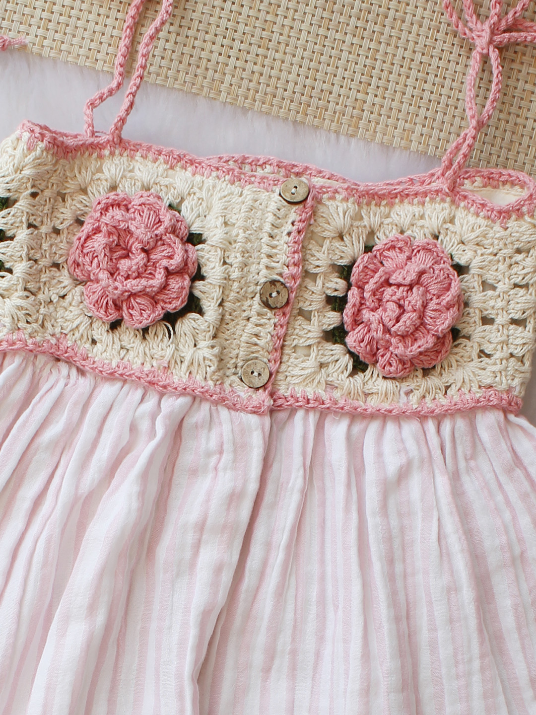 Crochet Woven Rose Striped Summer Dress - Pink