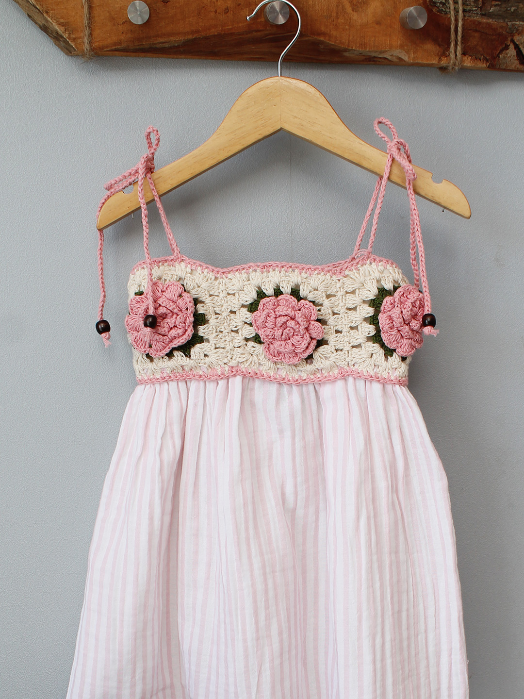 Crochet Woven Rose Striped Summer Dress - Pink