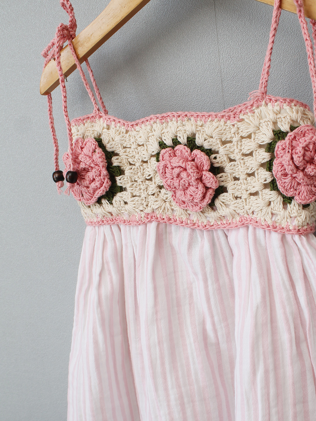 Crochet Woven Rose Striped Summer Dress - Pink