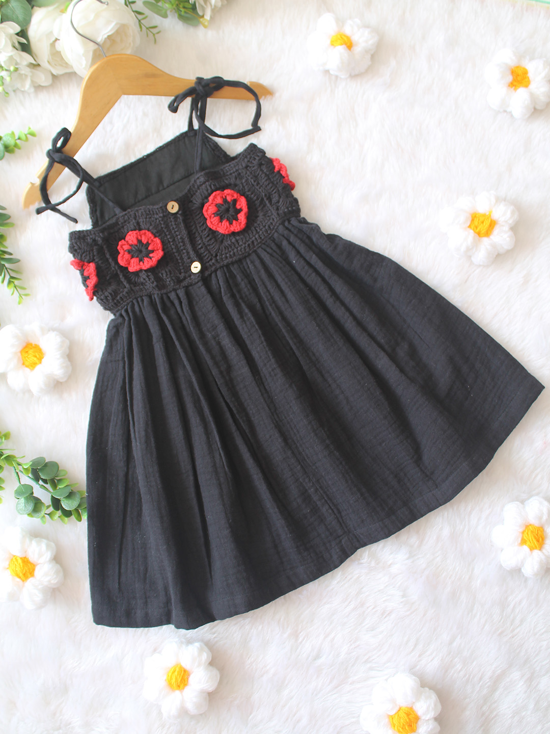 Woonie Woven Floral Summer Crochet Dress - Black