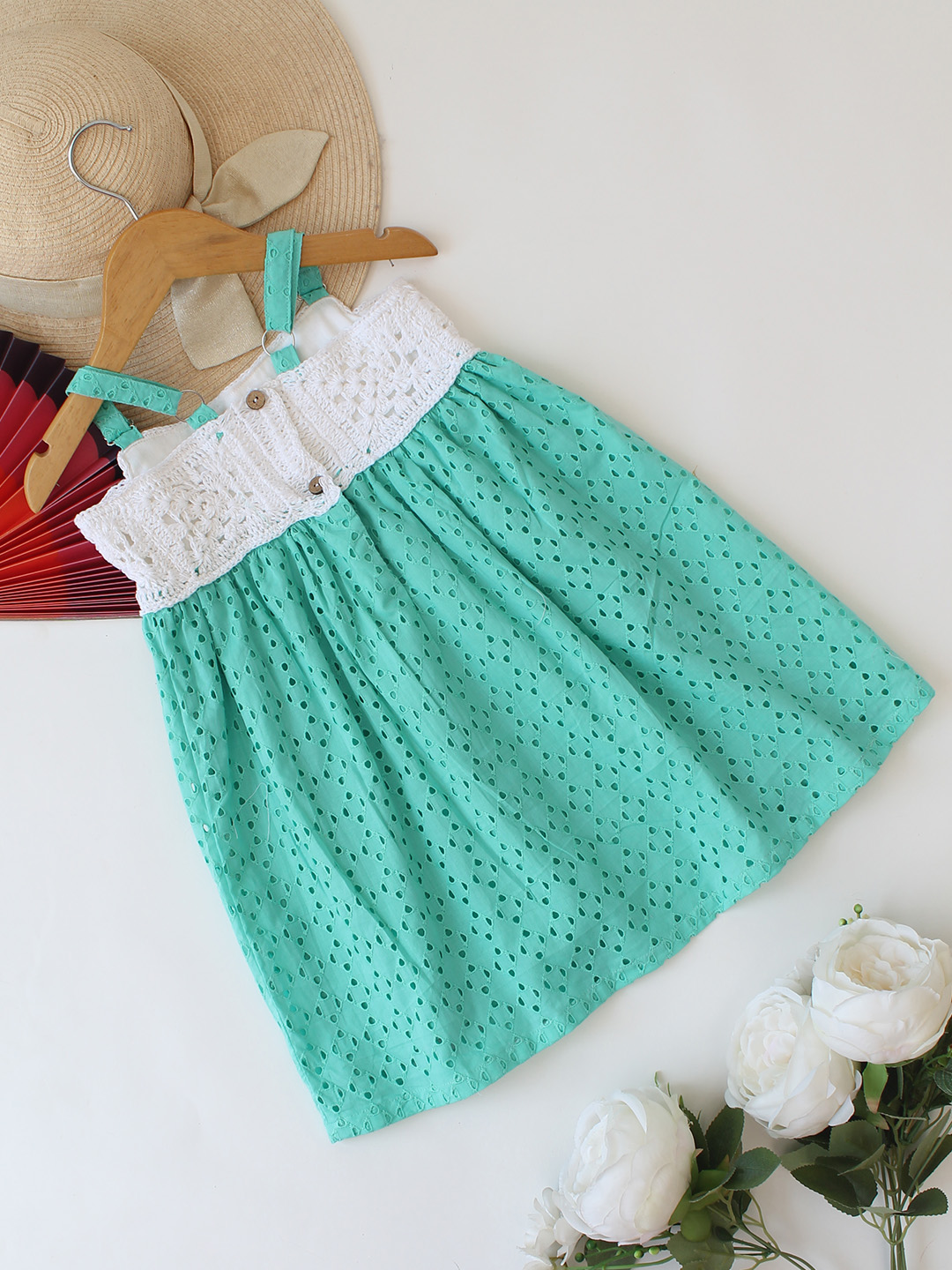 Woonie Schiffli Embroidered Sleeveless Crochet Summer Dress - Green