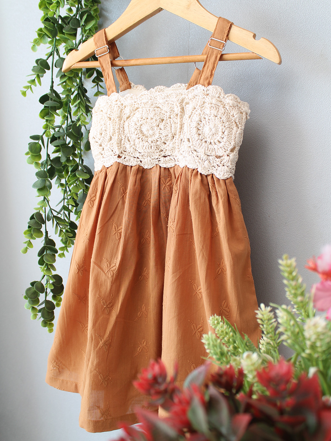 Woonie Crochet Printed Summer Dress - Brown