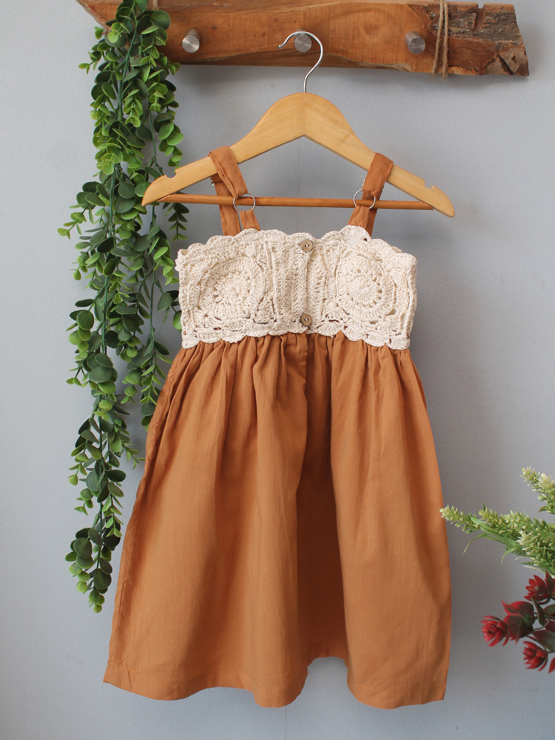 Woonie Crochet Printed Summer Dress - Brown