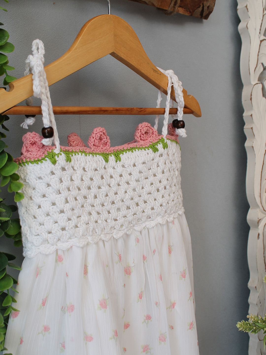 Woonie Crochet Floral Printed Summer Dress - White
