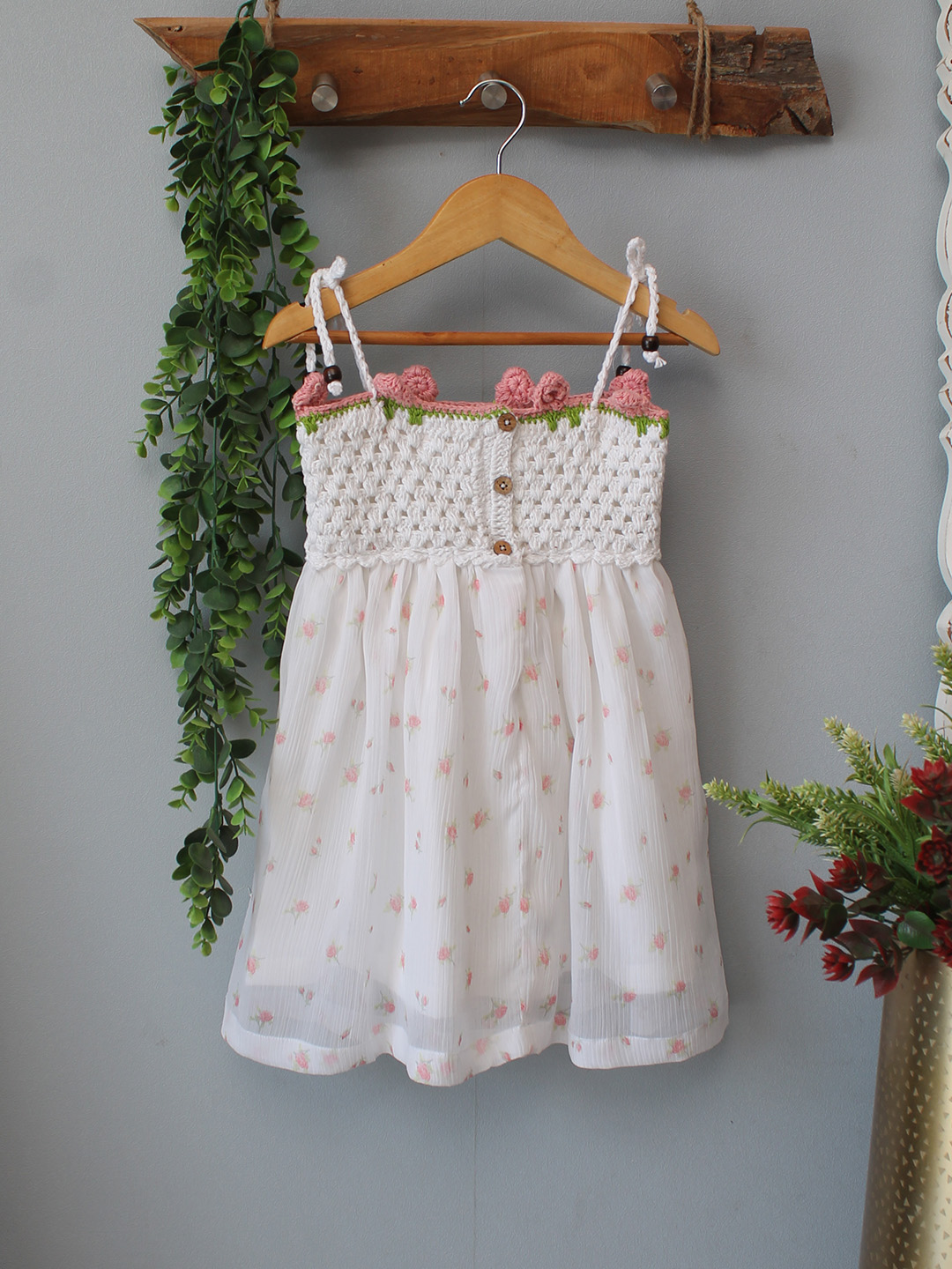 Woonie Crochet Floral Printed Summer Dress - White