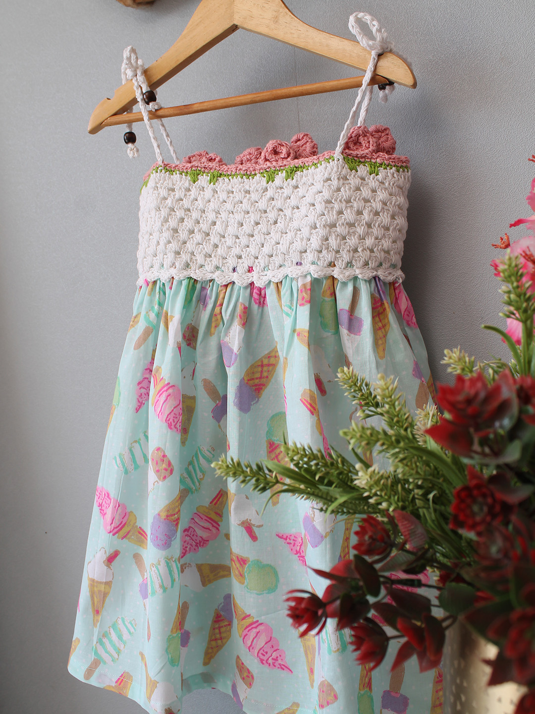 Woonie Crochet Ice-Cream Printed Summer Dress - Green