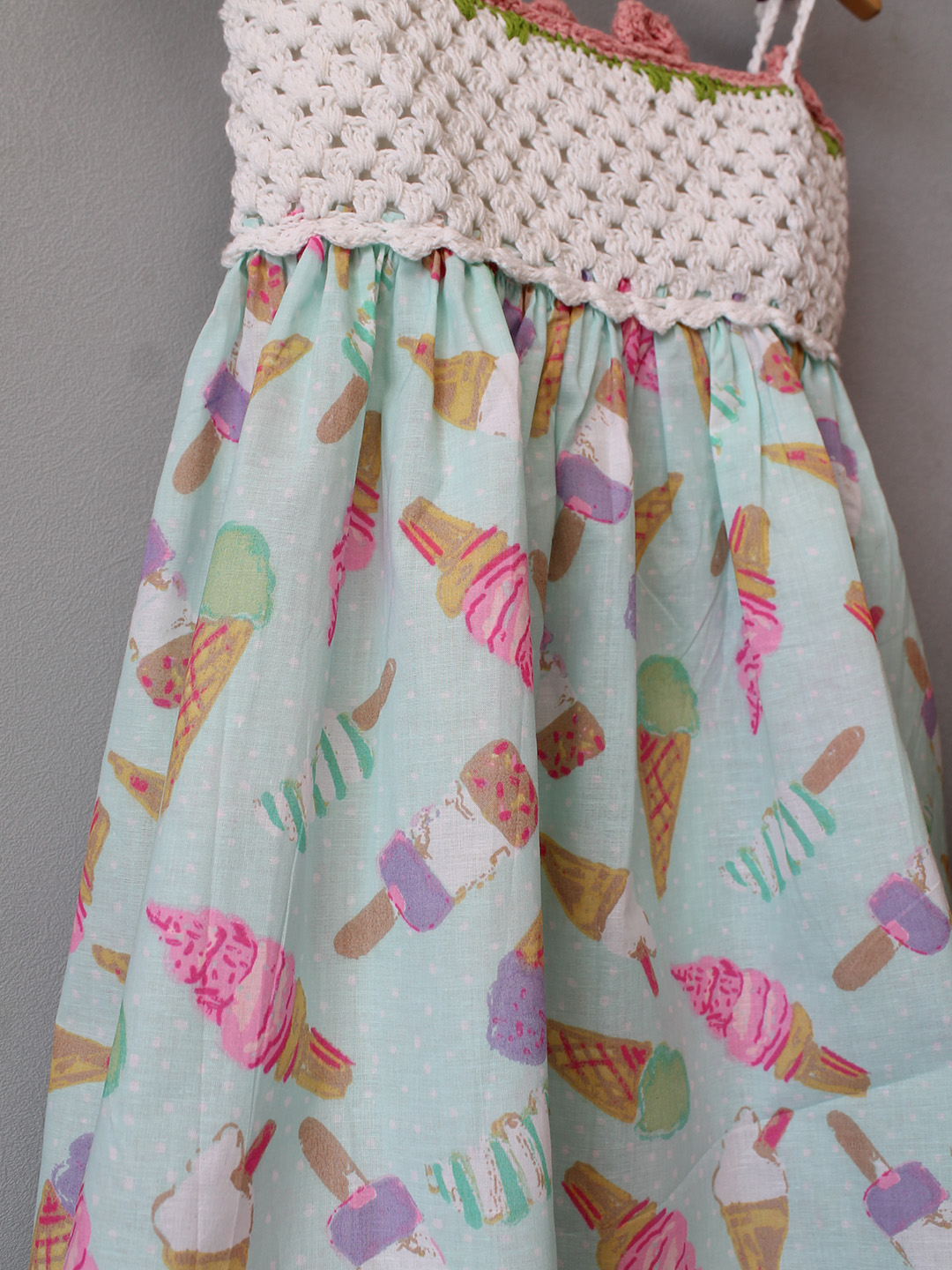 Woonie Crochet Ice-Cream Printed Summer Dress - Green