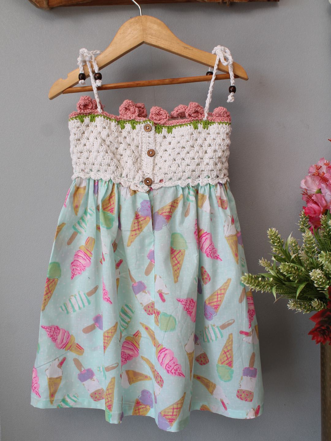 Woonie Crochet Ice-Cream Printed Summer Dress - Green