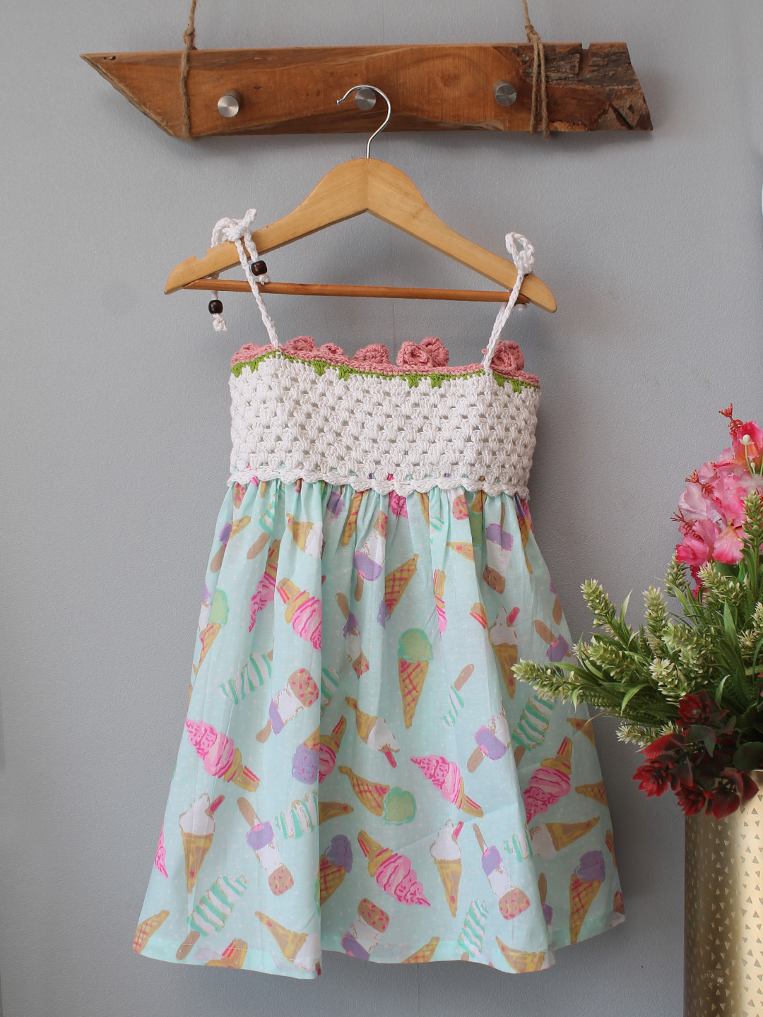 Woonie Crochet Ice-Cream Printed Summer Dress - Green