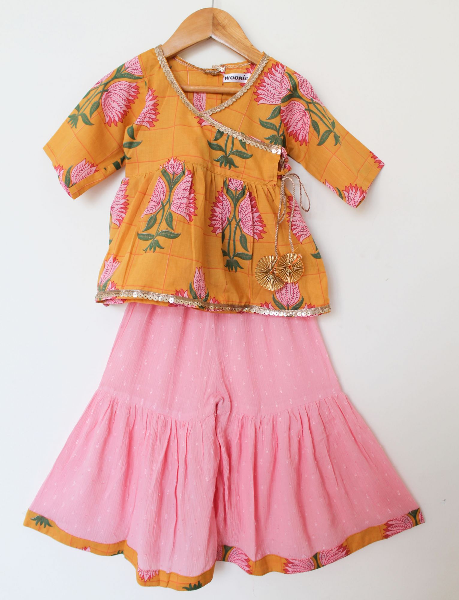 Woonie Three Fourth Sleeves Lotus Printed Angrakha Kurti With Sharara Set - Orange