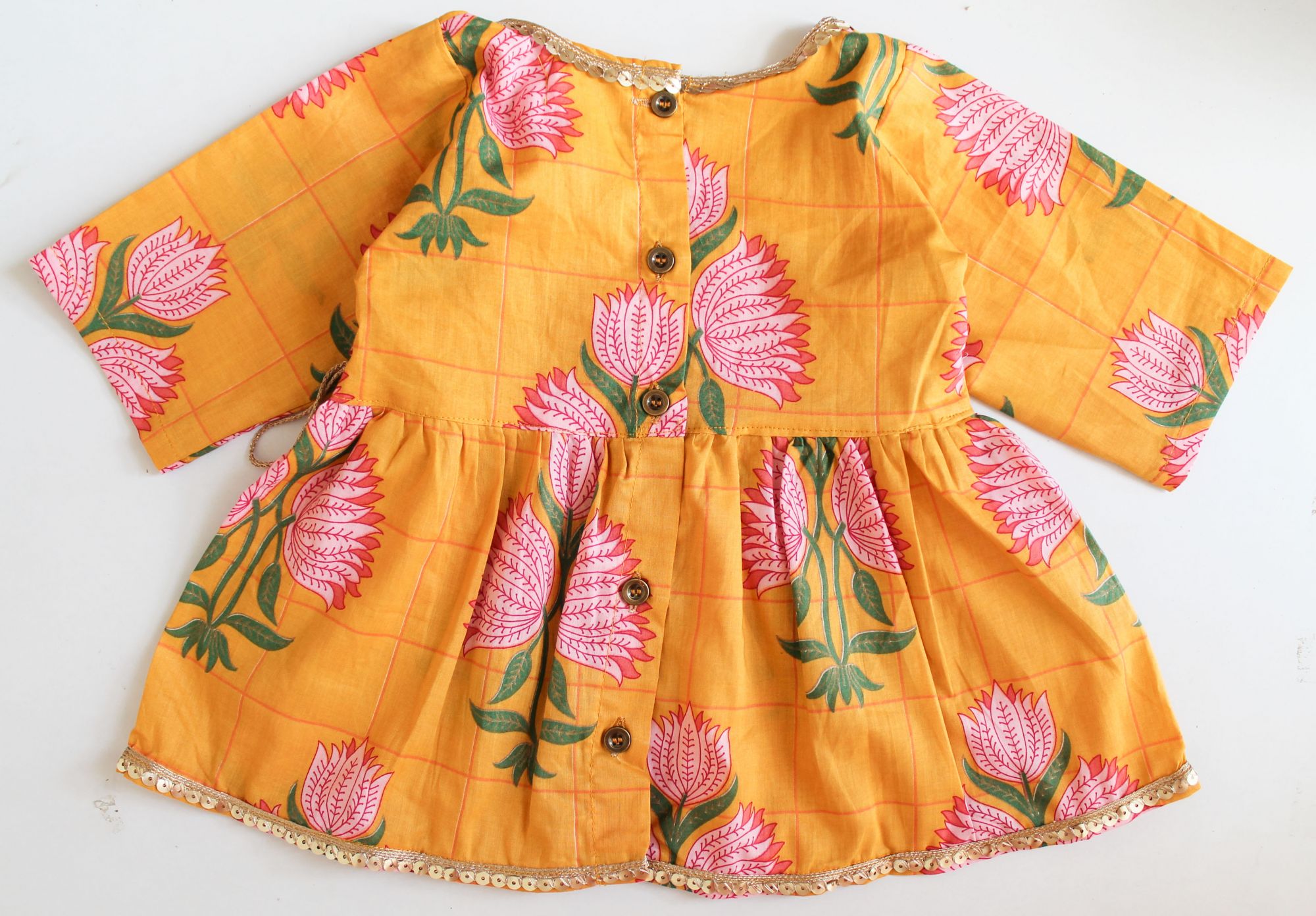 Woonie Three Fourth Sleeves Lotus Printed Angrakha Kurti With Sharara Set - Orange