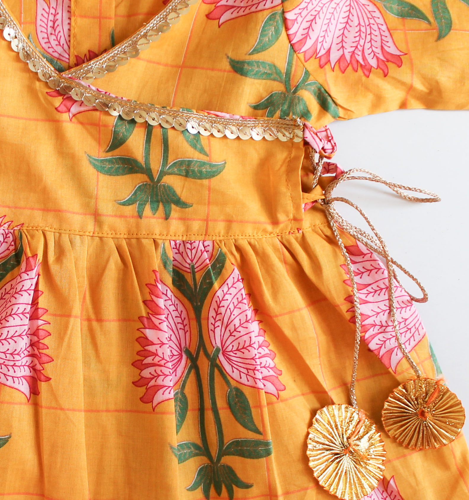 Woonie Three Fourth Sleeves Lotus Printed Angrakha Kurti With Sharara Set - Orange