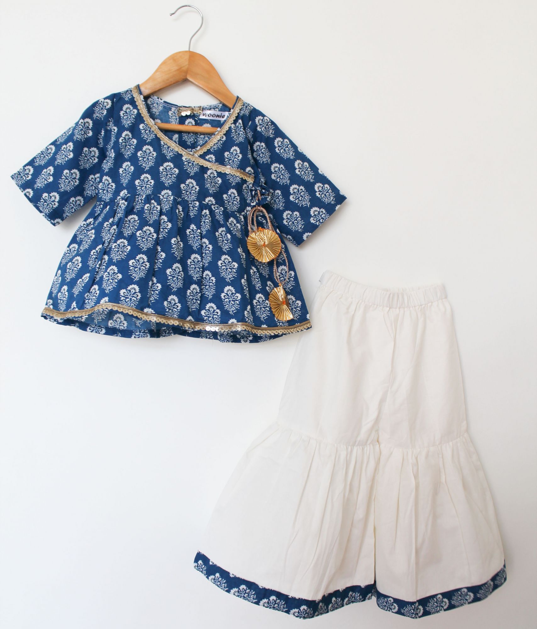 Woonie Three Fourth Sleeves Block Print Kurti With Flared Sharara Pants - Blue