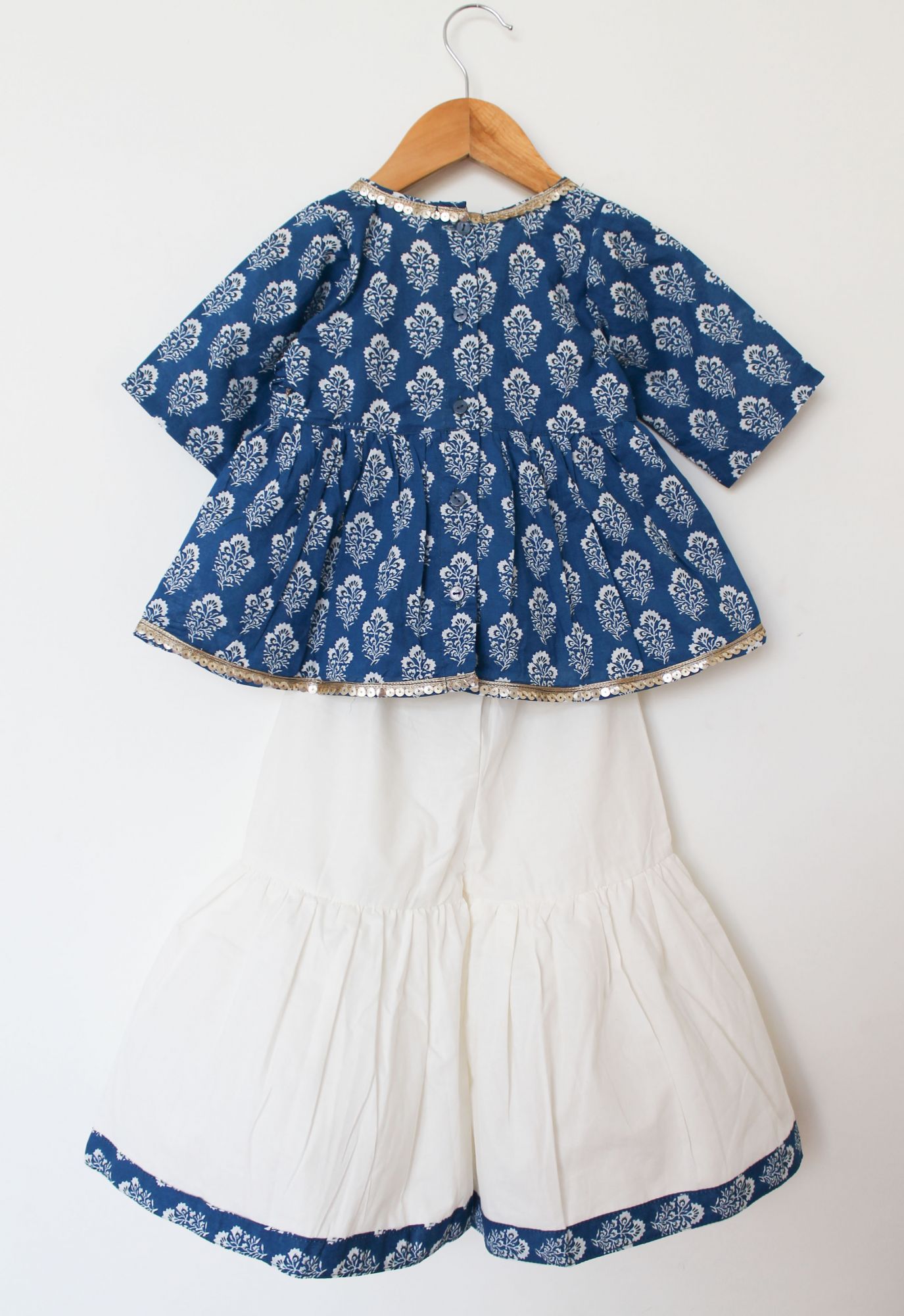 Woonie Three Fourth Sleeves Block Print Kurti With Flared Sharara Pants - Blue