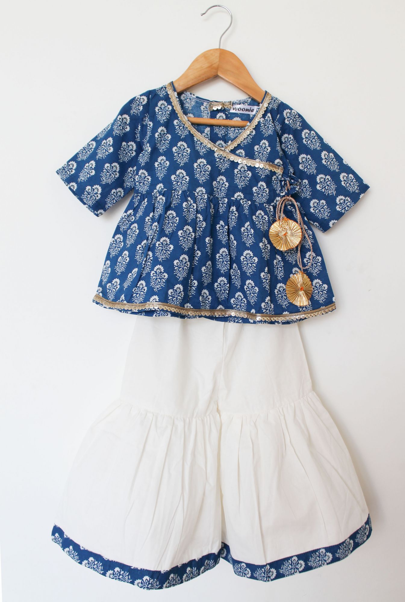 Woonie Three Fourth Sleeves Block Print Kurti With Flared Sharara Pants - Blue