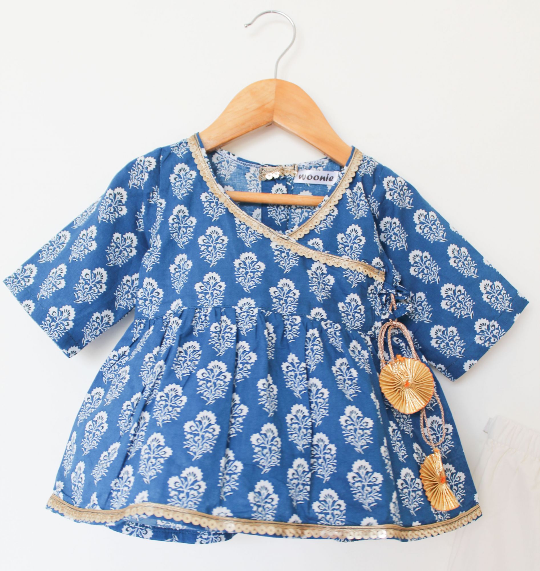 Woonie Three Fourth Sleeves Block Print Kurti With Flared Sharara Pants - Blue