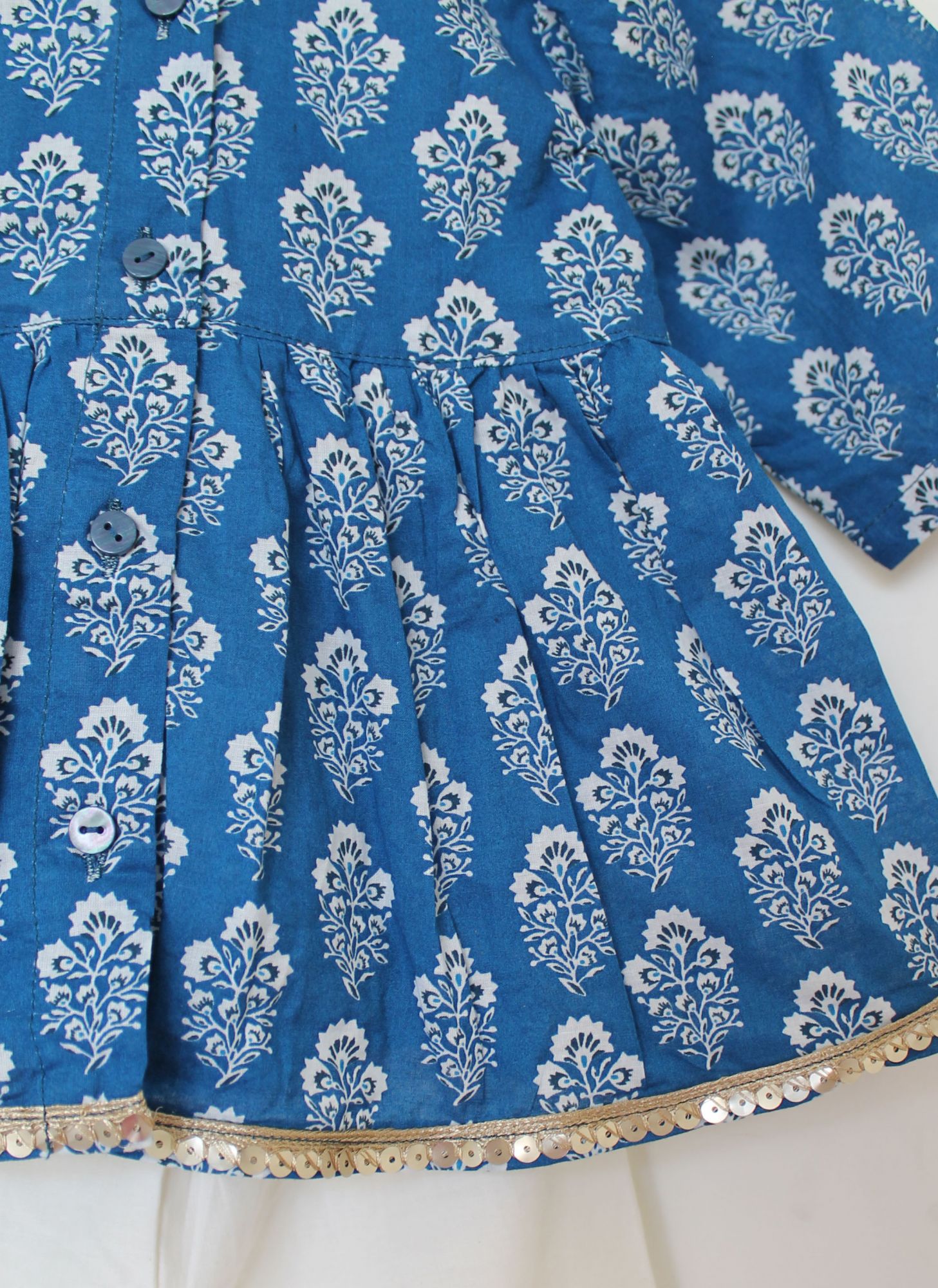 Woonie Three Fourth Sleeves Block Print Kurti With Flared Sharara Pants - Blue