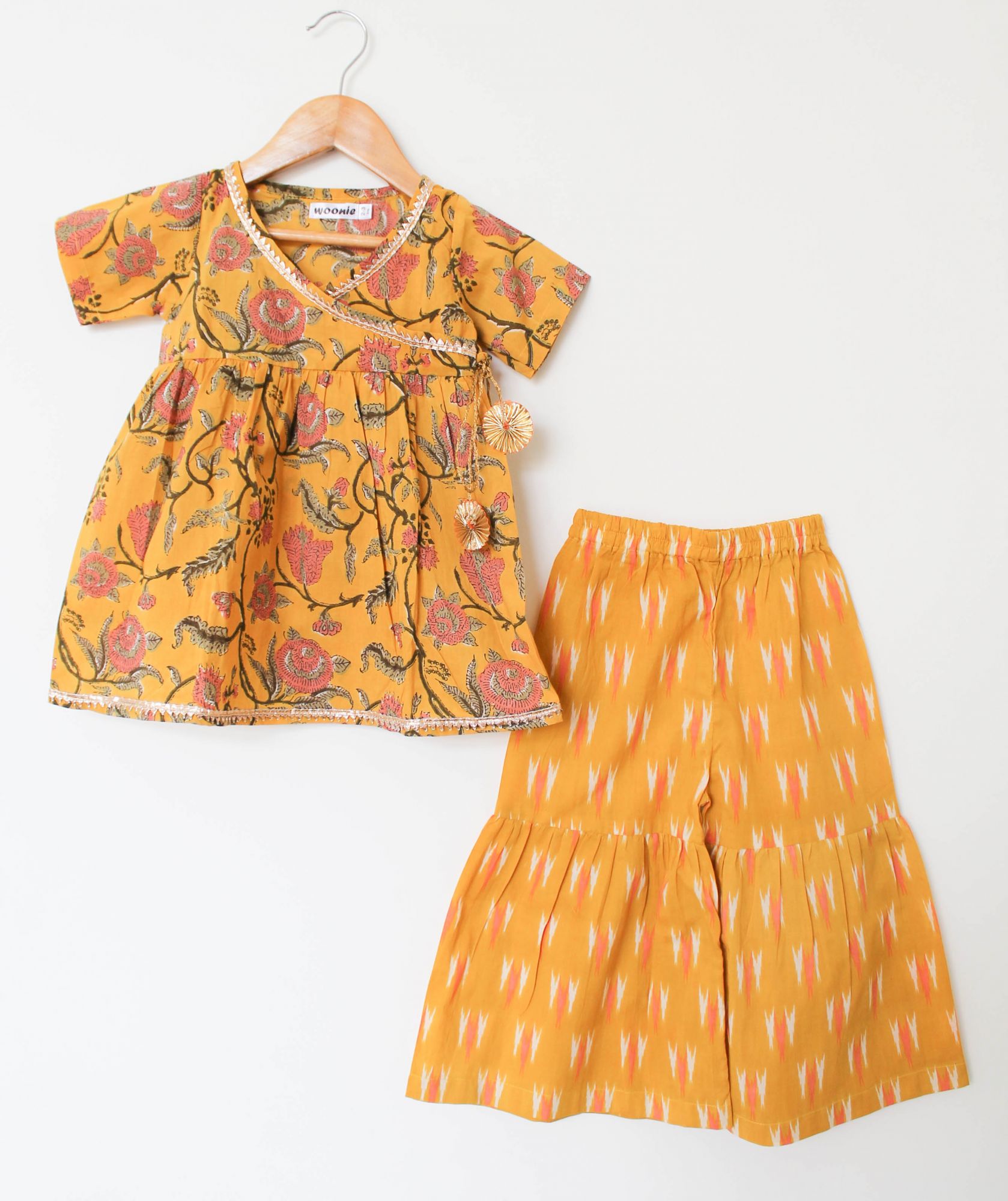 Woonie Half Sleeves Block Print Kurti With Flared Sharara Pants - Yellow
