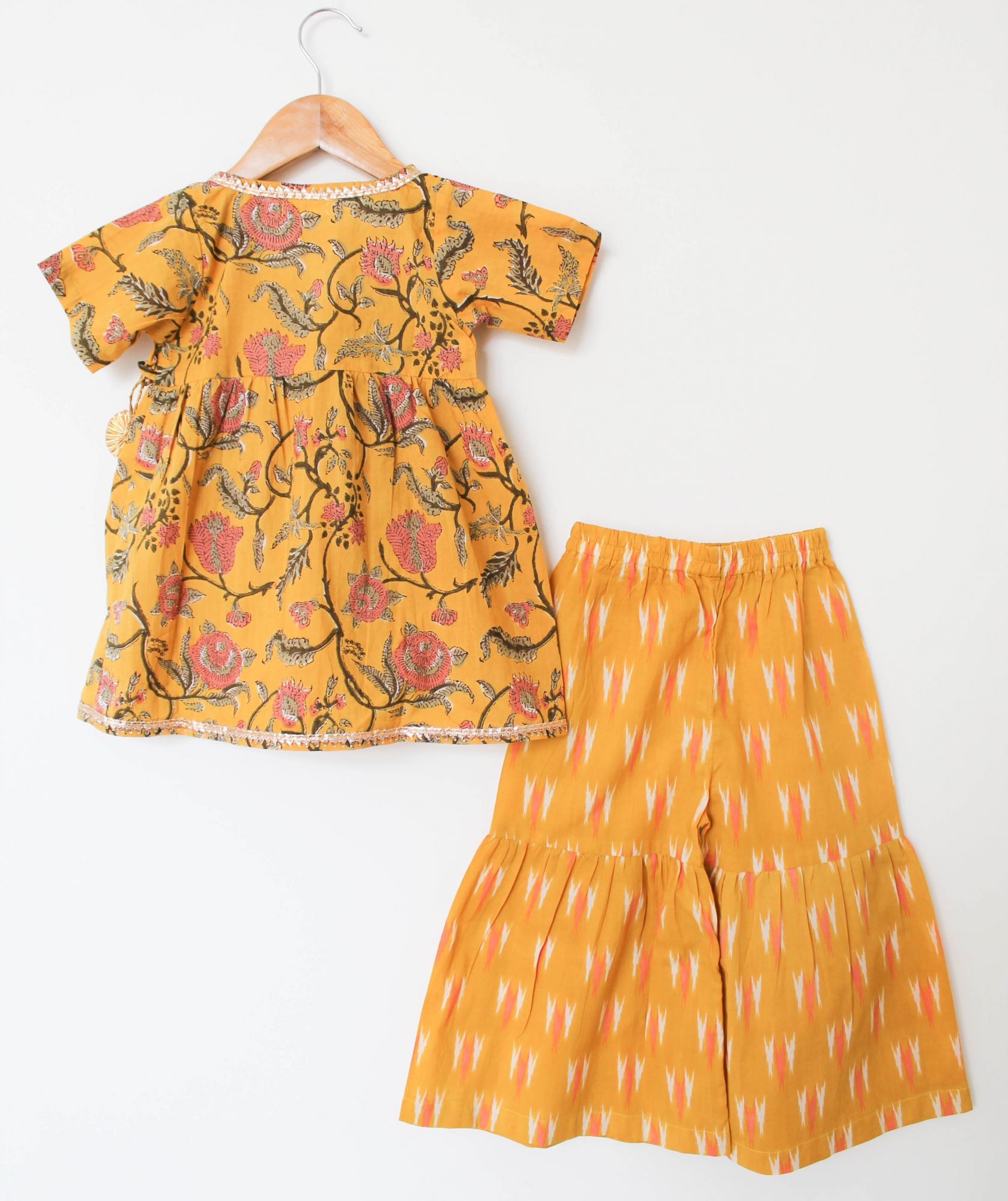 Woonie Half Sleeves Block Print Kurti With Flared Sharara Pants - Yellow
