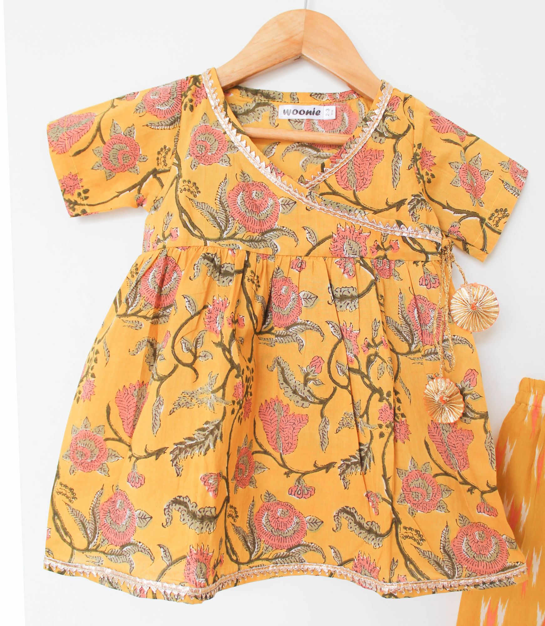 Woonie Half Sleeves Block Print Kurti With Flared Sharara Pants - Yellow